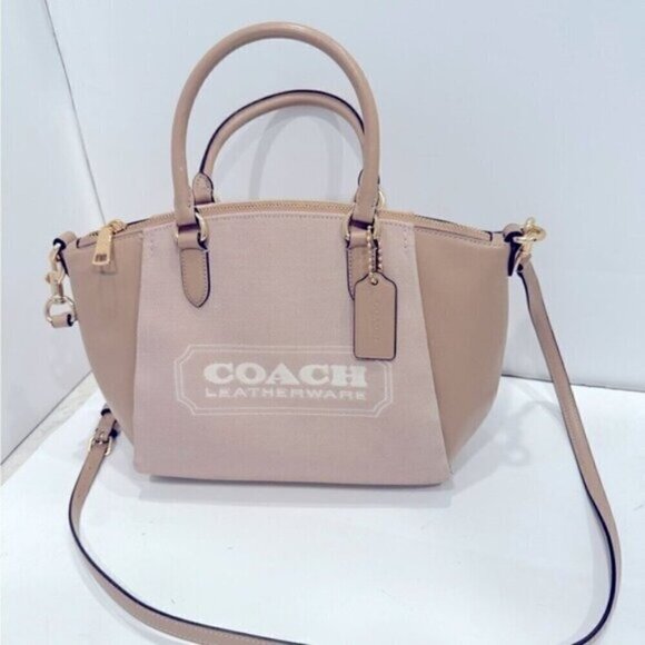 Coach Elise Badge Jacquard Chalk Taupe Satchel Shoulder Bag, purse, - Picture 8 of 12